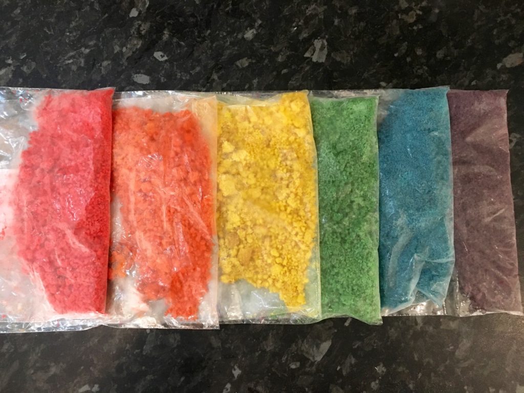 Rainbow crumbs ready to go